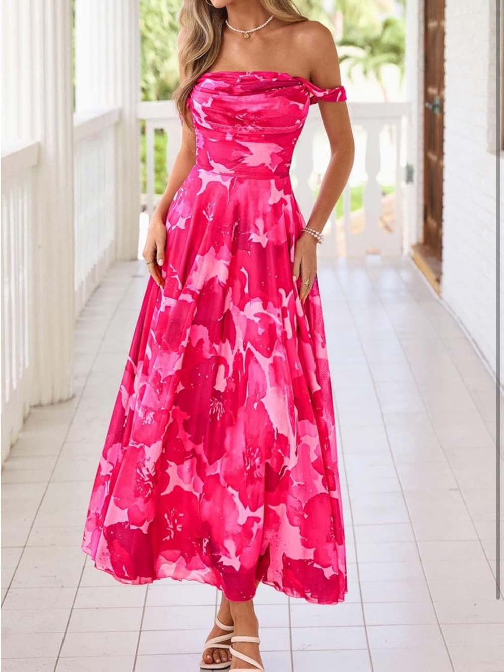 Off-Shoulder Fuchsia Floral Maxi Dress - Picture 3 of 9